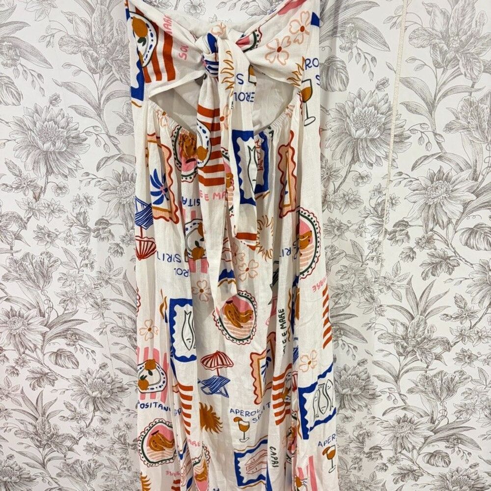 Paper Heart Dress Women XS Maxi Strapless Linen Blend Italy Capri Aperol Print - Picture 4 of 10